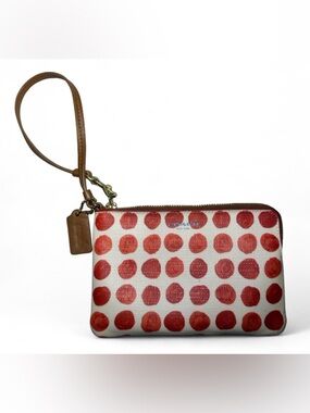 Coach Polka Dot Red Wristlet Clutch with Brown Strap